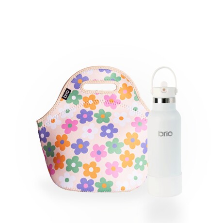 Set de lunchera de neopreno y botella de acero inoxidable 500ml brio set florcitas colores/blanco