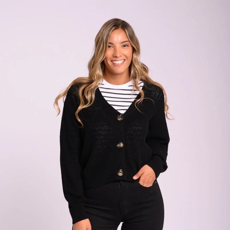 Campera Dama TejidoC/Botones Canva XS-XL Negro