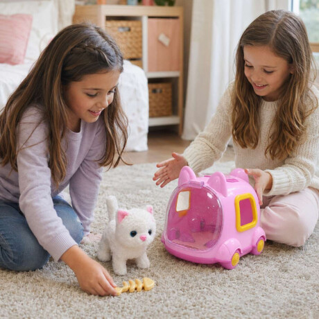 Gatito de peluche con caja transportadora Rosado