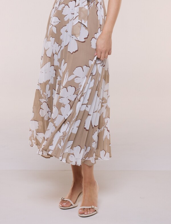 Vestido De Gasa Plisado Con Lazo BEIGE