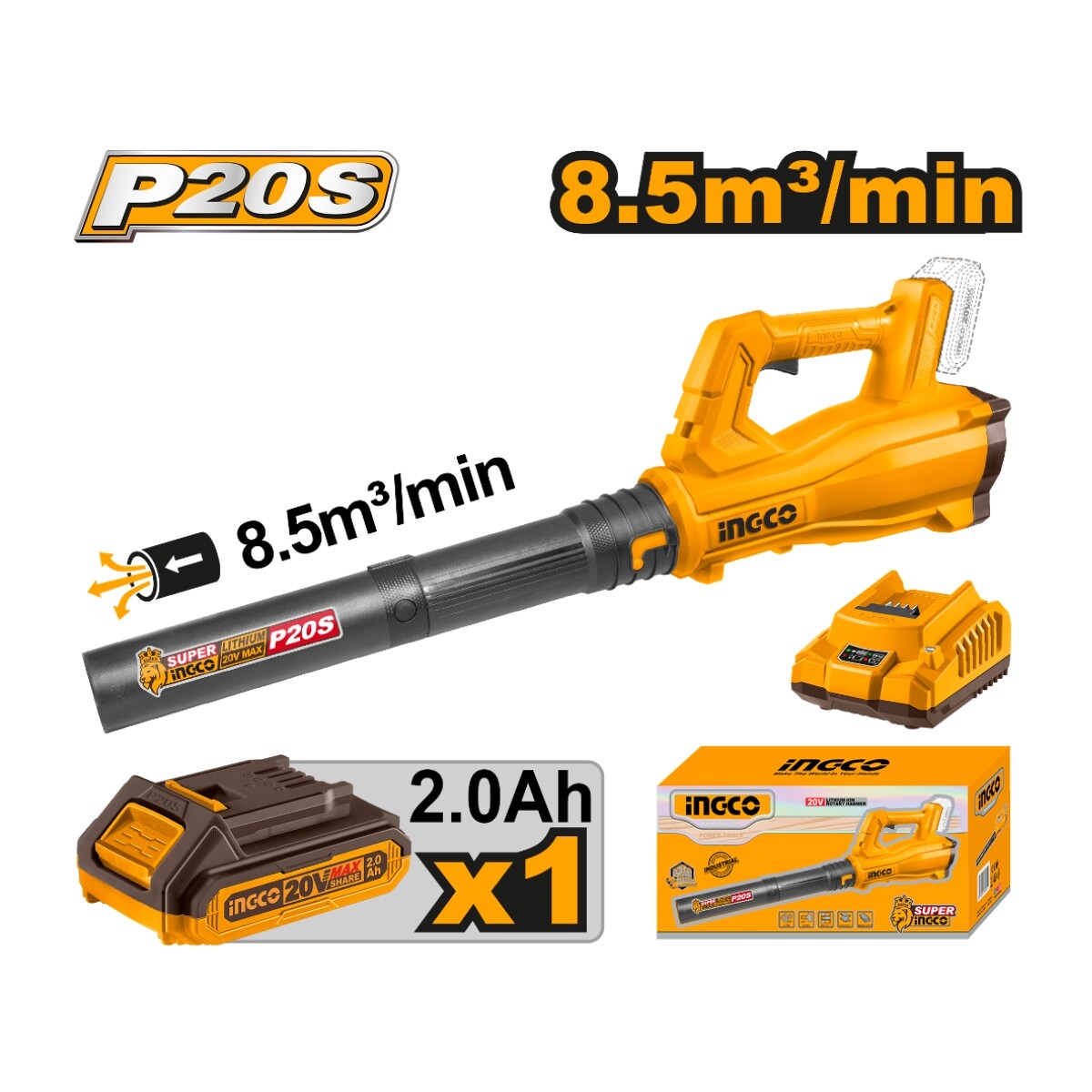 Sopladora 20V P20S 8.5 M3/MIN con Bat con Cargador Ingco CABLI203235 