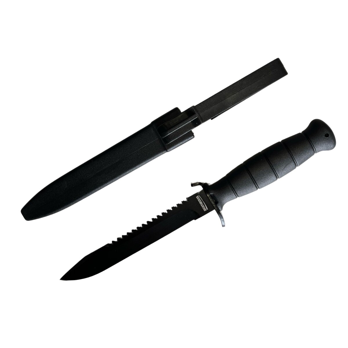 Cuchillo militar Cobra en polímero, hoja dentada - Negro 