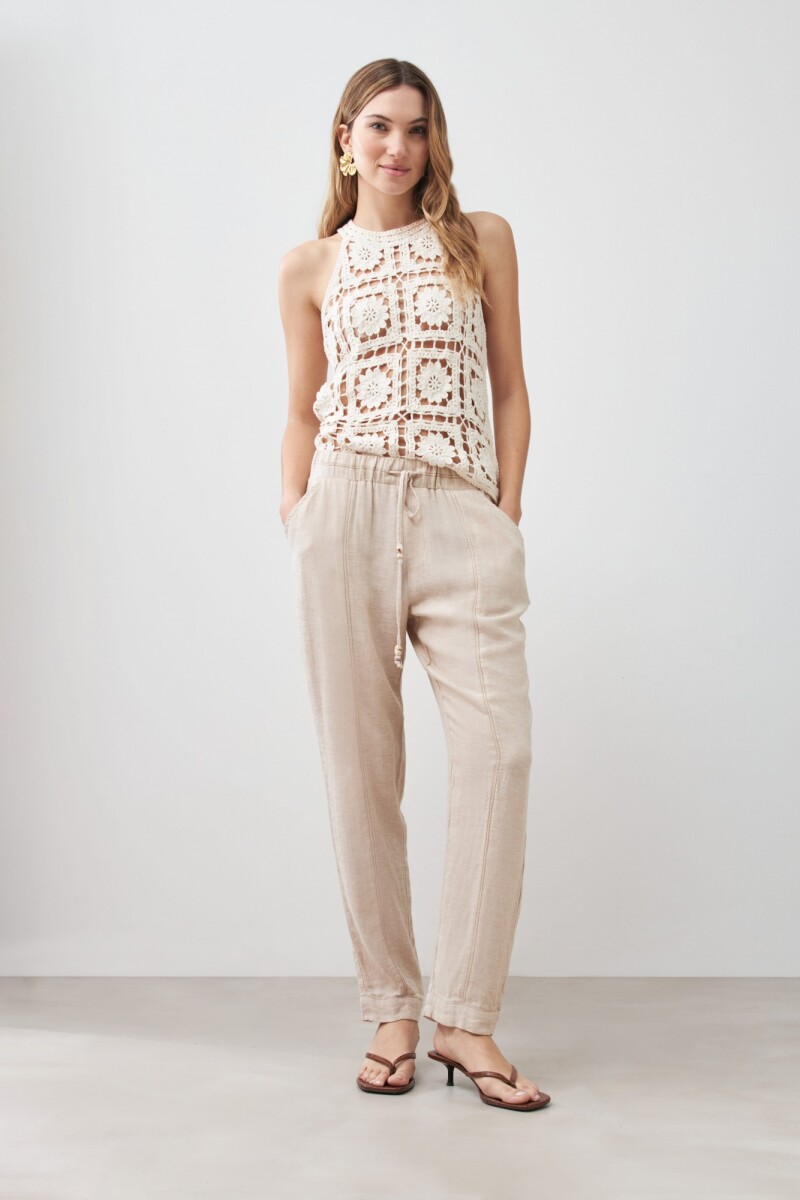 Pantalón pijama de lino con pespuntes en contraste - beige melange 