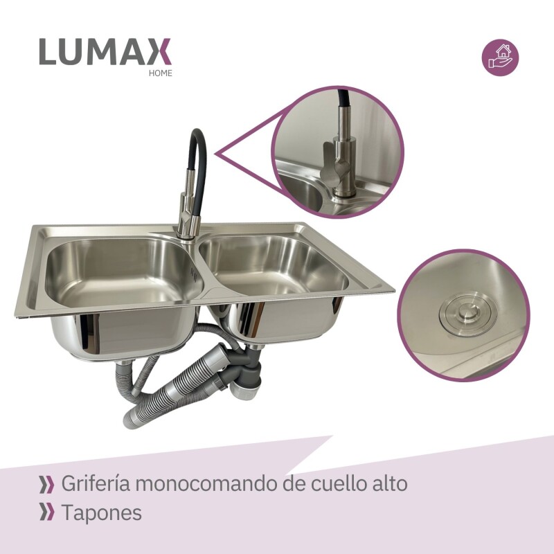 Pileta de cocina Lumax Acero Doble Bacha Monocomando 78x42 cm Negro
