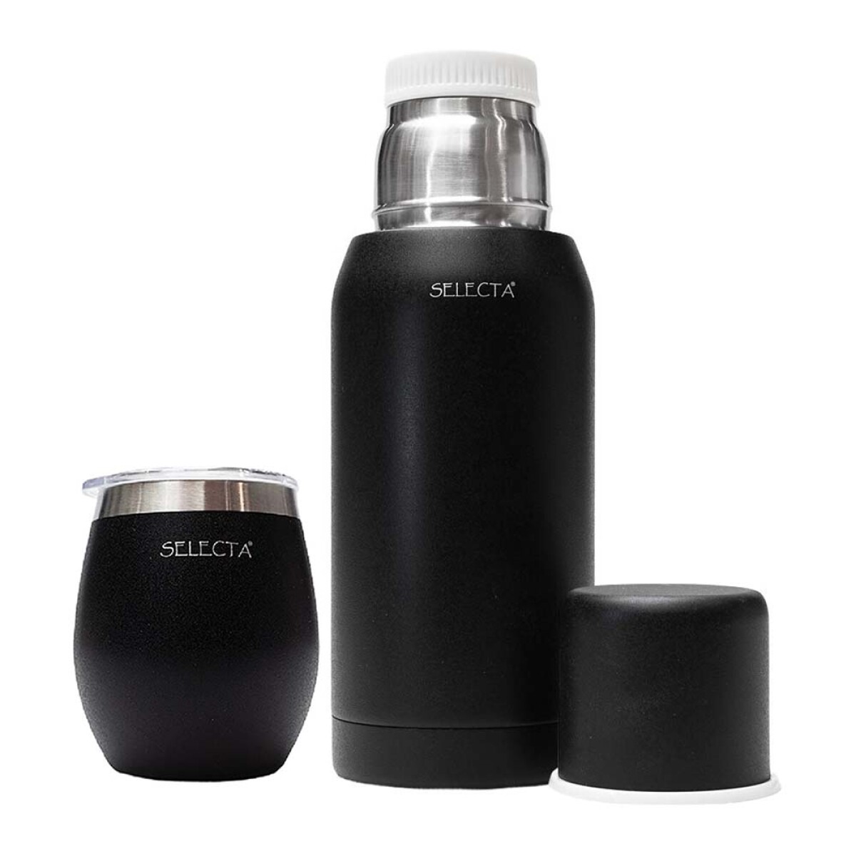 Kit Aqua de Termo 750Ml y Mate c/Tapa Acero Inox Doble Pared - Negro 