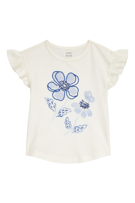 Blusa de algodón, manga con volados, diseño floral Sin color