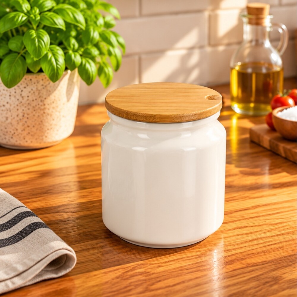 Azucarero porcelana blanca con tapa madera Azucarero porcelana blanca con tapa madera