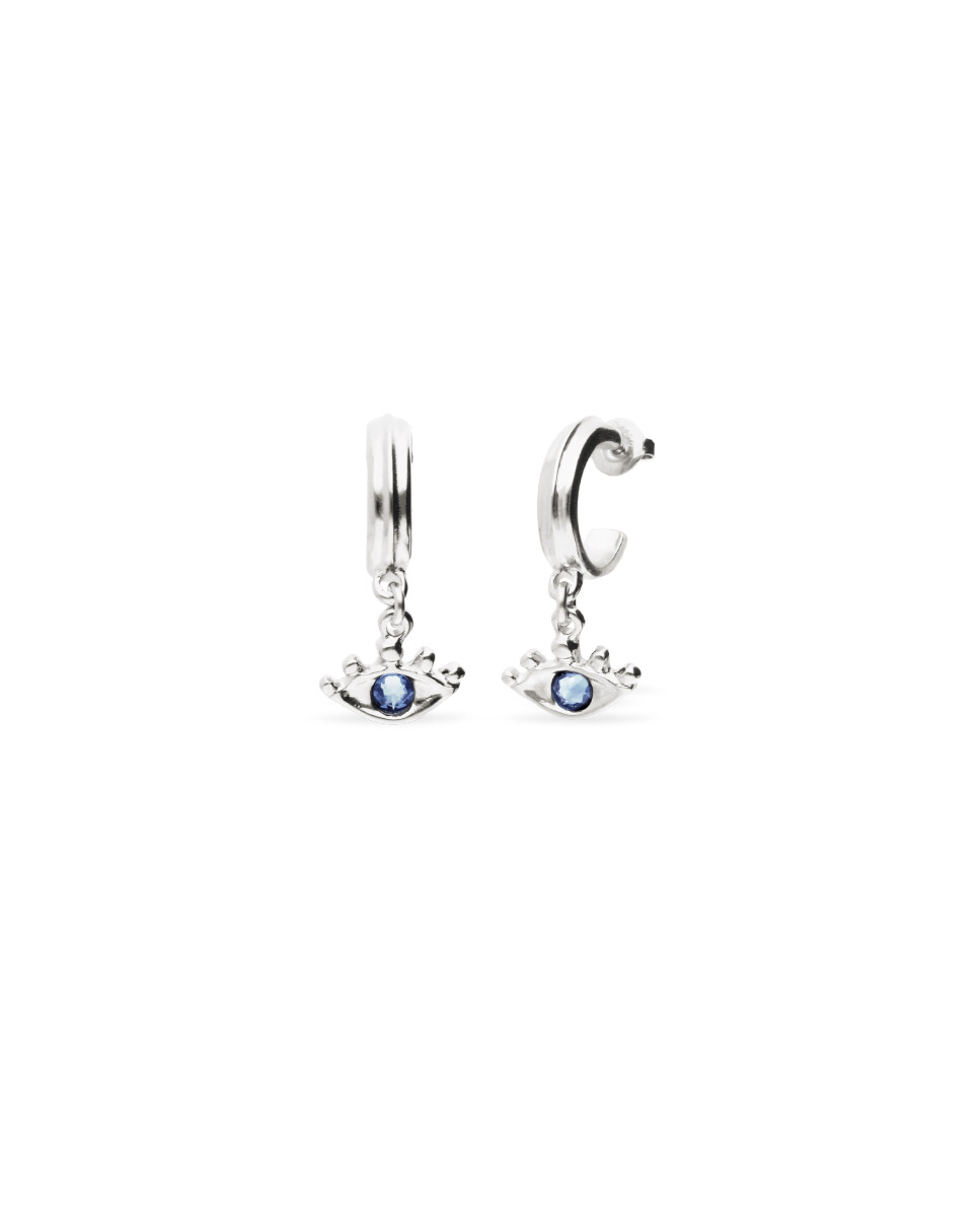 PENDIENTES DE ARO EN ALEACIÓN DE METALES BAÑADOS EN PLATA CON DETALLE DE OJO CON CRISTAL FACETADO AZUL - Pendiente 