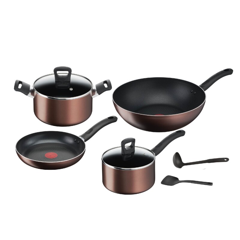 Batería de cocina Tefal | 8 piezas | Antiadherente | Color marrón. Batería de cocina Tefal | 8 piezas | Antiadherente | Color marrón.