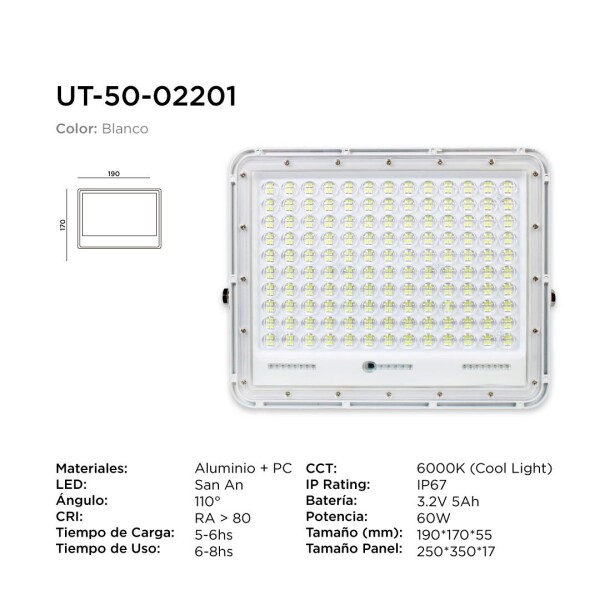 Foco Led Panel Solar 60W Exterior Jardin Luz Fria Reflector Variante Color Blanco