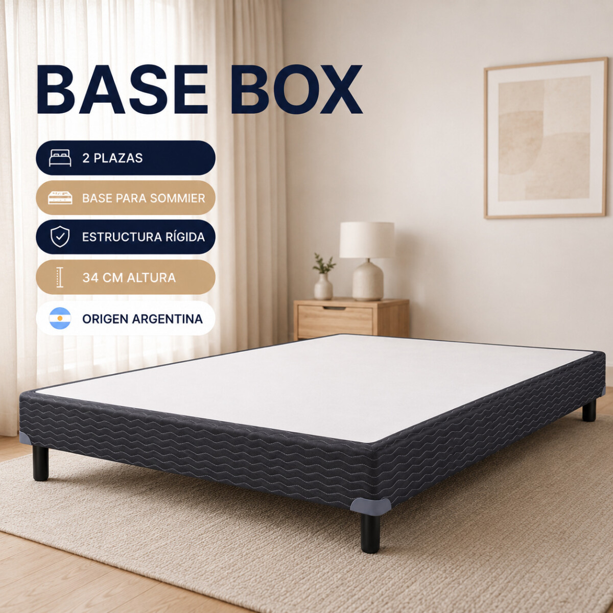 Base Box Sommier para Colchon 2 Plazas - 140x190x34 