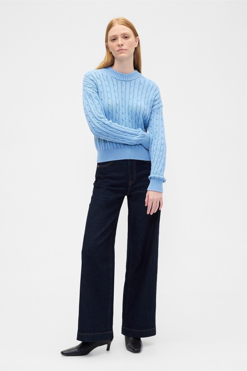 V-LS COTTON CREW ALL OVER CABLE Blue Stone