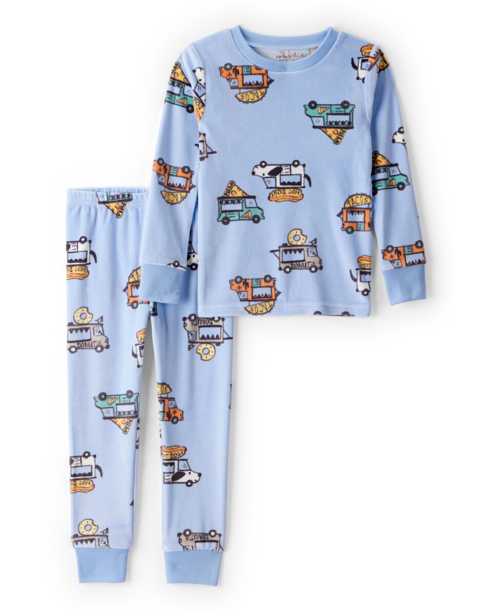 Pijama dos piezas de DreamPlush, remera y pantalón, diseño camiones de comida 