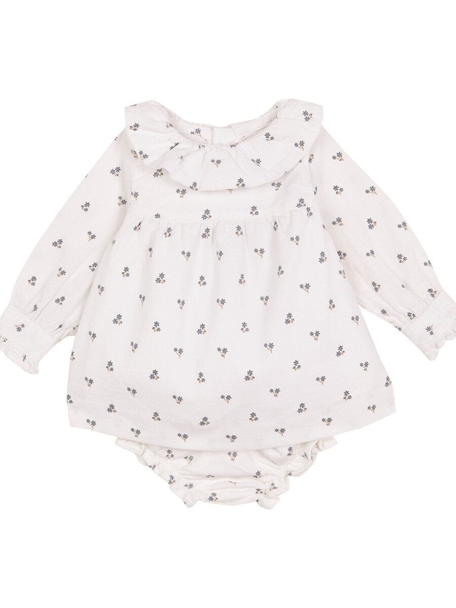 Vestido De Pana De Flores Blanco Roto