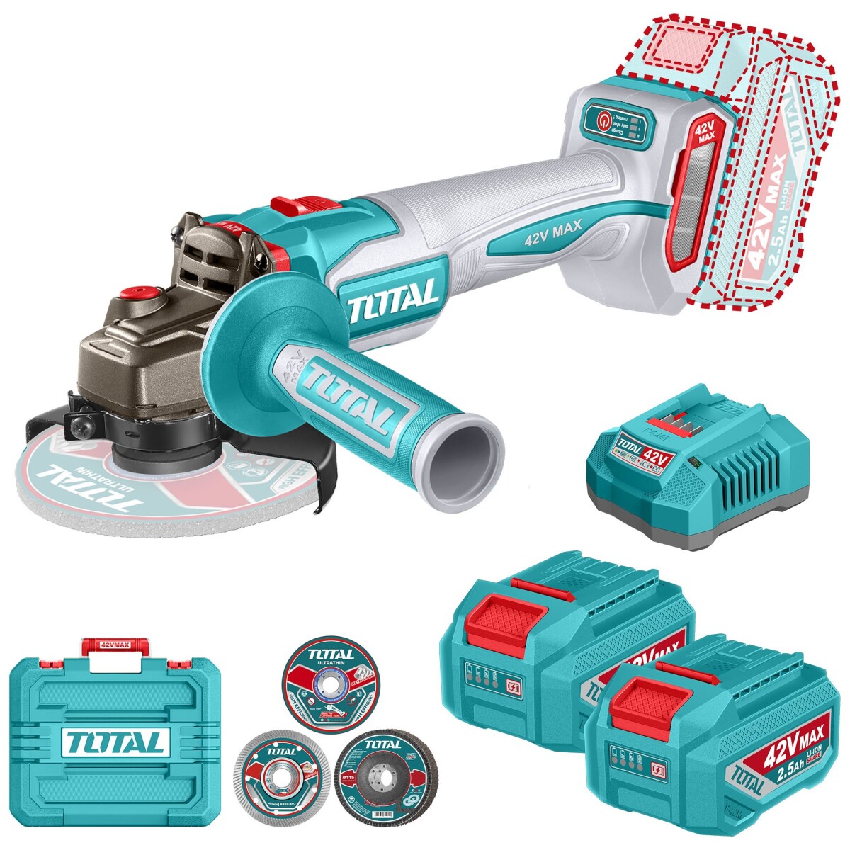 Amoladora Inalámbrica 42v 4.1/2" Sin Carbones - 2 Baterías 2.5Ah, Cargador Y Maletín 