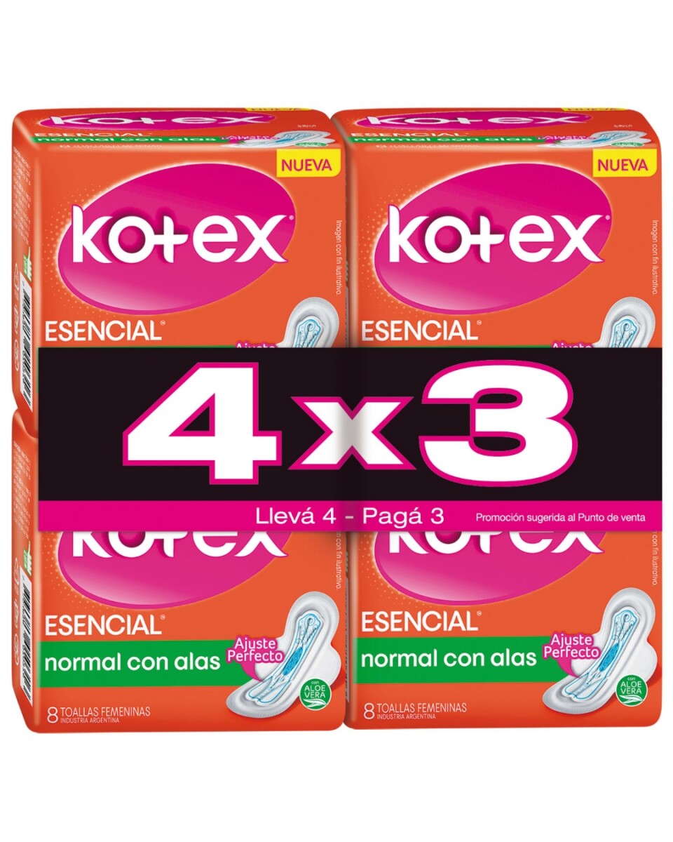 Kotex Toallas Esencial con Alas 4x3 32 Unidades | Protección y Comodidad Extendida