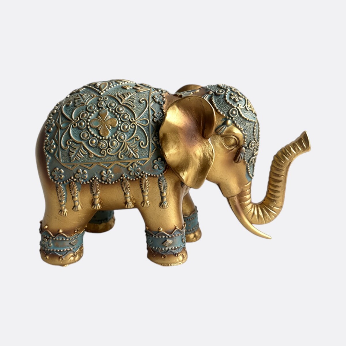 Adorno Elefante Oro Y Turquesa Trompa Abajo 