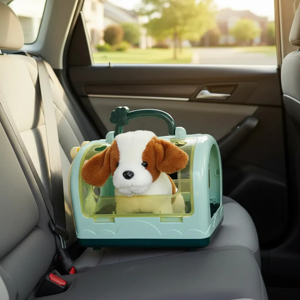 Perro de peluche con jaula transportadora y accesorios Perro de peluche con jaula transportadora y accesorios