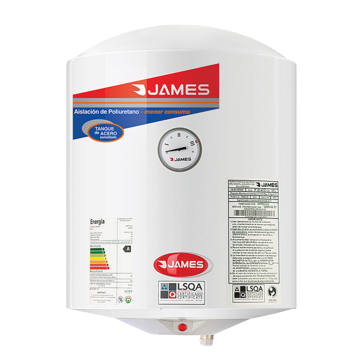 Termotanque Calefon Acero James 30 Litros Cilindrico 