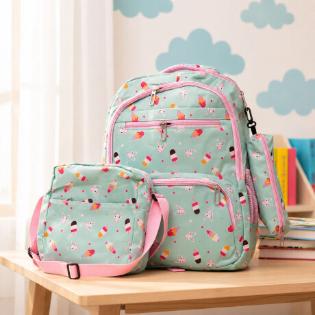 Set Mochila 3 Piezas Estampado Helados Escolar Resistente Verde Claro
