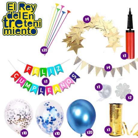Set Globos Cumpleaños 74psc+Carteles+ Hilo+ Infla N24 Azul