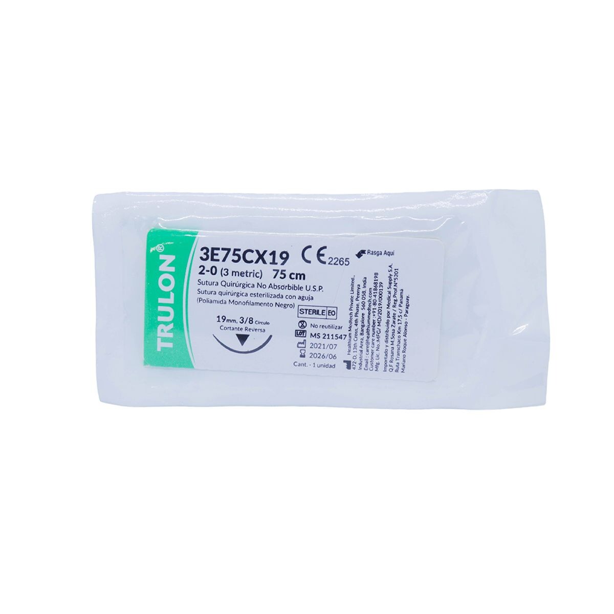 TRULON USP 2-0 AGUJA 3/8 19 MM UNID. X 7 