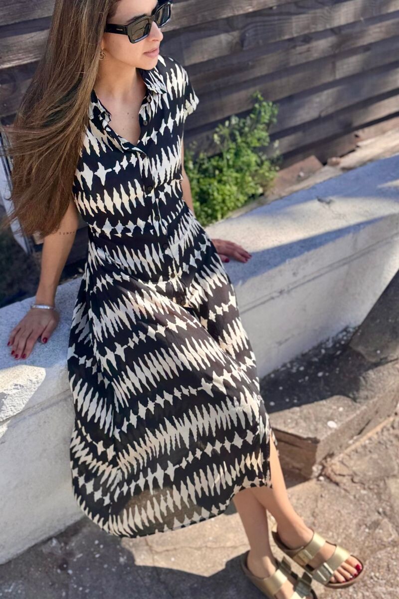 Vestido camisero largo Negro y crema