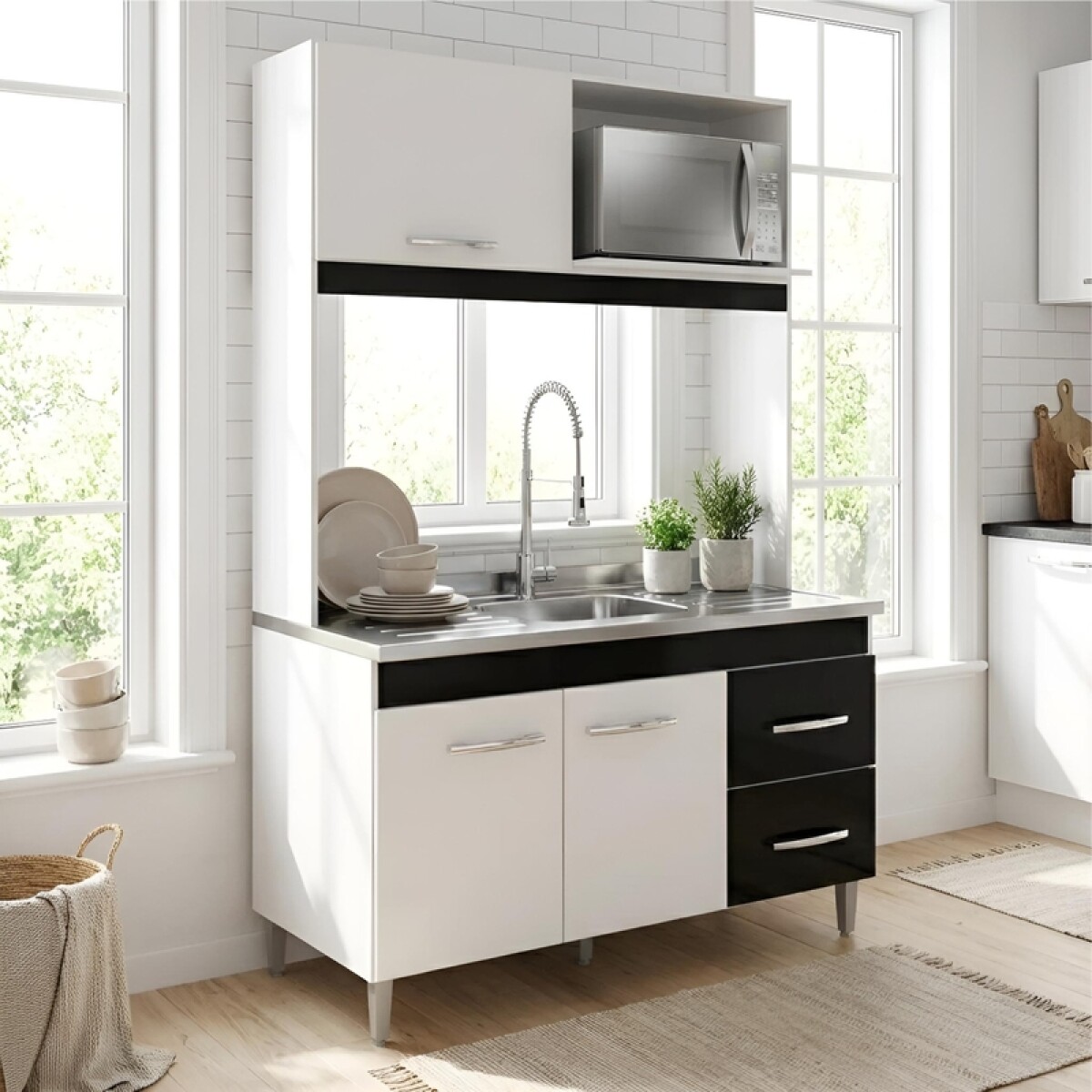 [OUTLET] Kit de Cocina Compacta 123cm Blanco/Negro - 3 Puertas, 2 Cajones y Espacio Microondas 