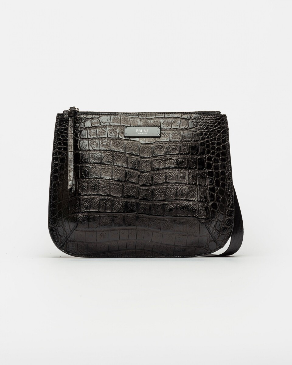 Bandolera Mia En Cuero Grabado Croco - Negro 