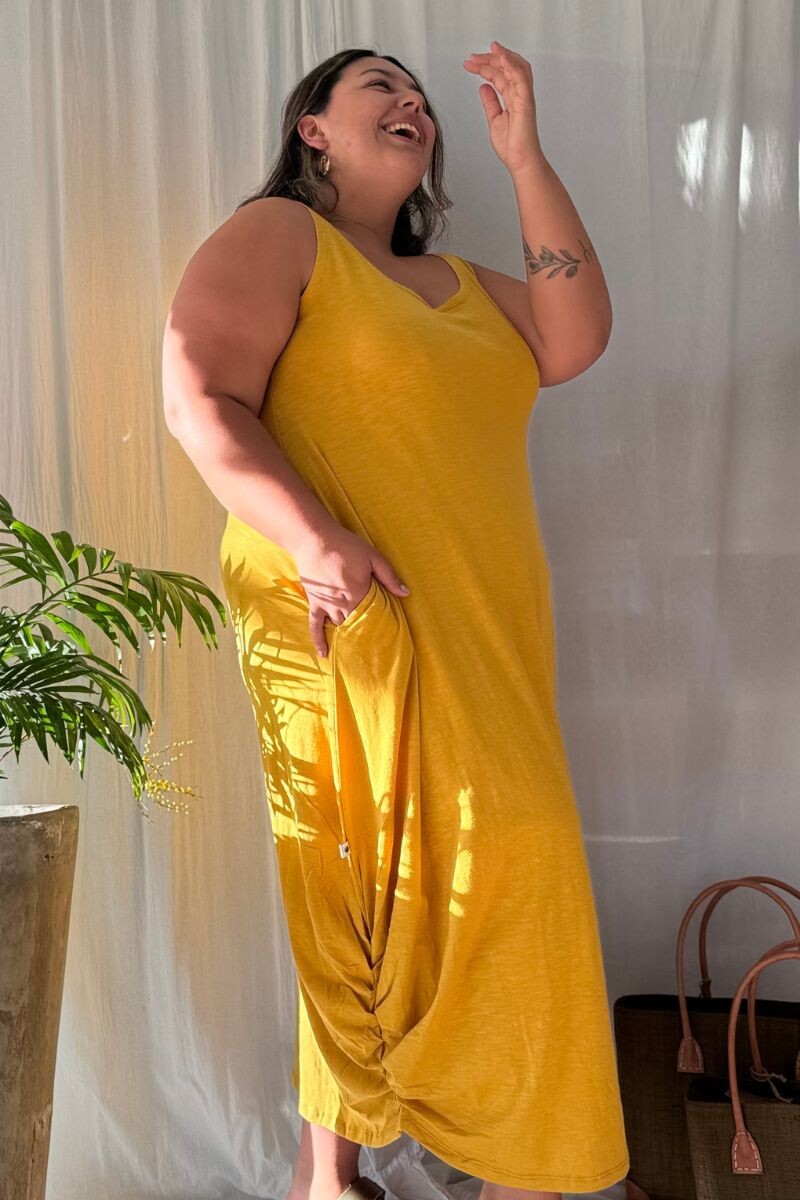 Vestido Largo Balón Mostaza