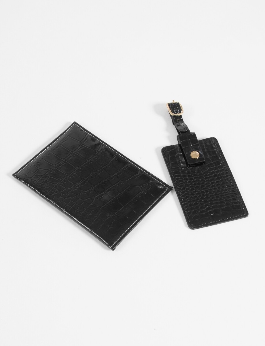 Set de funda para pasaporte y tag de valija croco - negro 