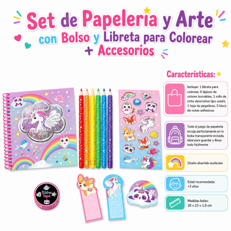 Set Papelería Arte c/Bolso y Libreta p/Colorear + Accesorios Arcoíris