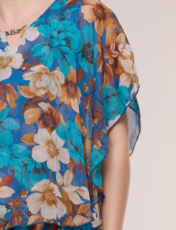 Blusa Gasa Estampada Floral Con Lúrex AZUL/MULTI