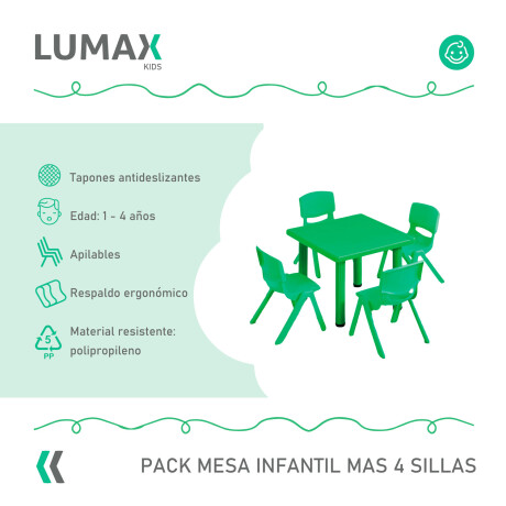 Pack Mesa Infantil Lumax Cuadrada + 4 Sillas Verde
