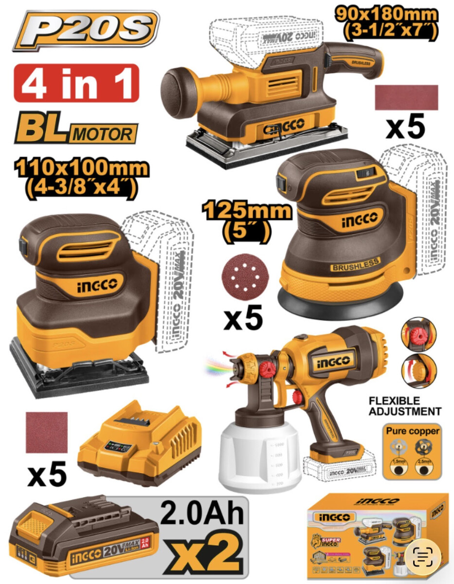 KIT COMBO A BATERIA INGCO P20S BRUSHLESS 3 LIJADORAS + 1 PISTOLA DE PINTURA + 2BAT, CARGADOR Y ACCESORIOS COSLI250383 