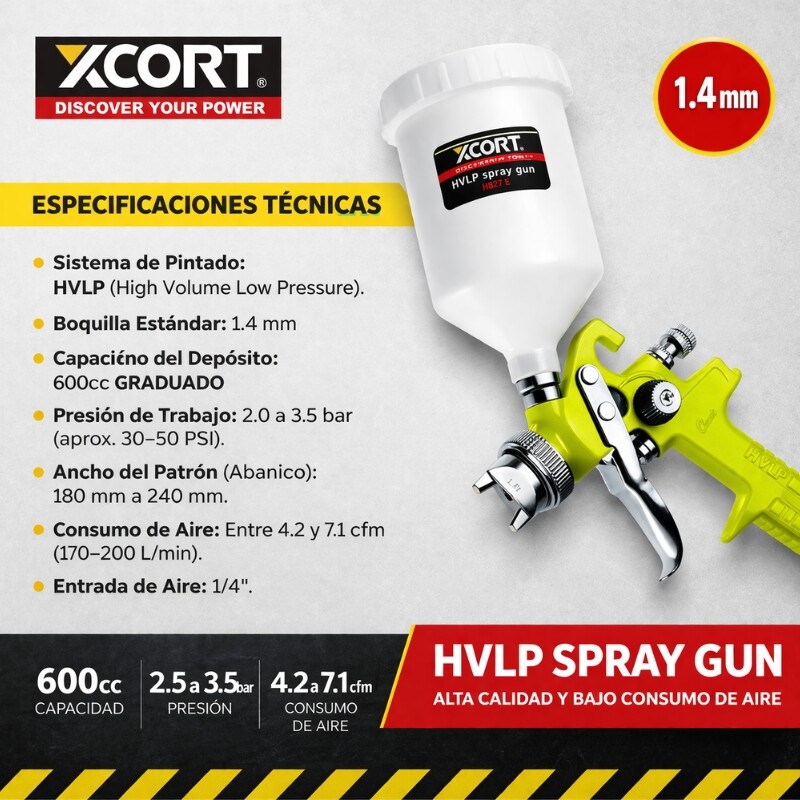 XCORT PISTOLA DE PINTAR HVLP GRAVEDAD 1.4 MM 2.5-3 BAR TANQUE 600ML Xcort Pistola De Pintar Hvlp Gravedad 1.4 Mm 2.5-3 Bar Tanque 600ml