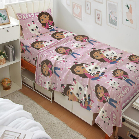 Juego Sábanas Infantil La Casa de Gabby 1 Plaza 100% Microfibra FUCSIA