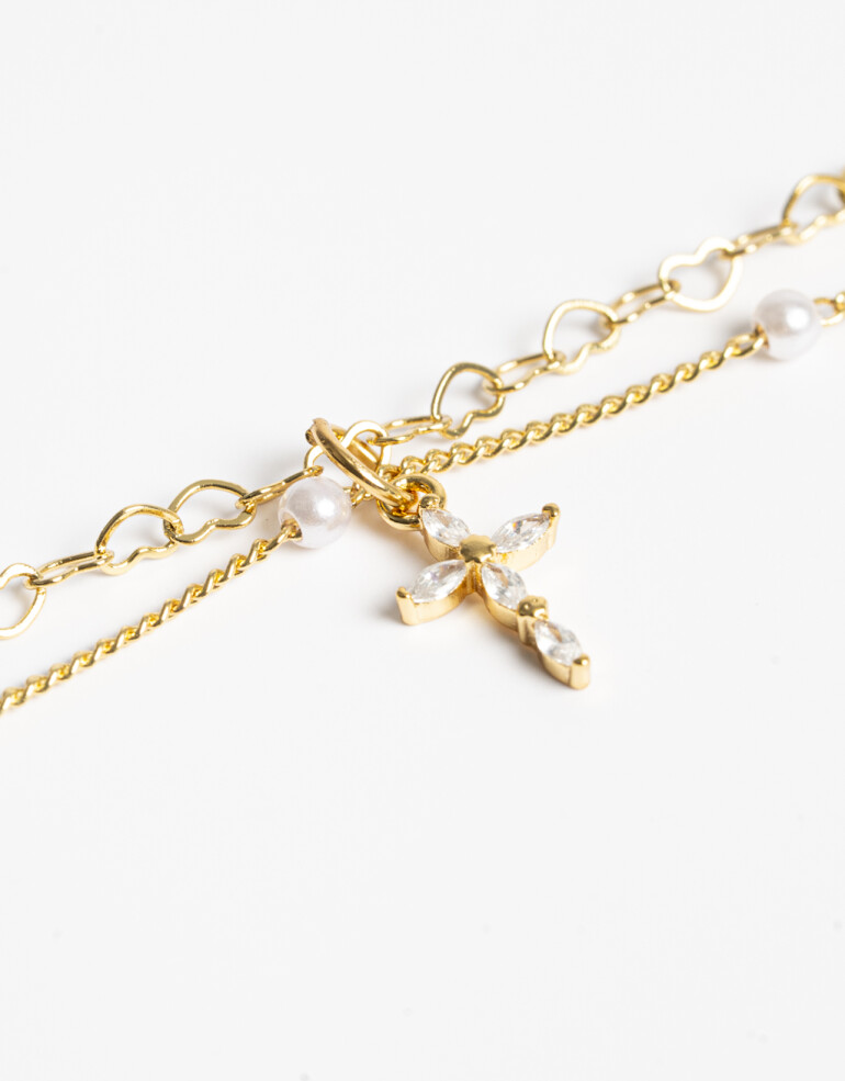 Collares Cortos Cubic zirconia Collar Corto Layer Con Cruz Y Beads Multicolor. - Dorado