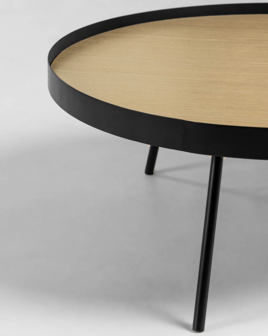 Mesa de centro MDF efecto roble y estructura de acero acabado negro Nenet Ø 84 cm Mesa de centro MDF efecto roble y estructura de acero acabado negro Nenet Ø 84 cm