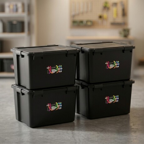 Set x4 Cajas organizadoras 80lts con 6 trabas NEGRO