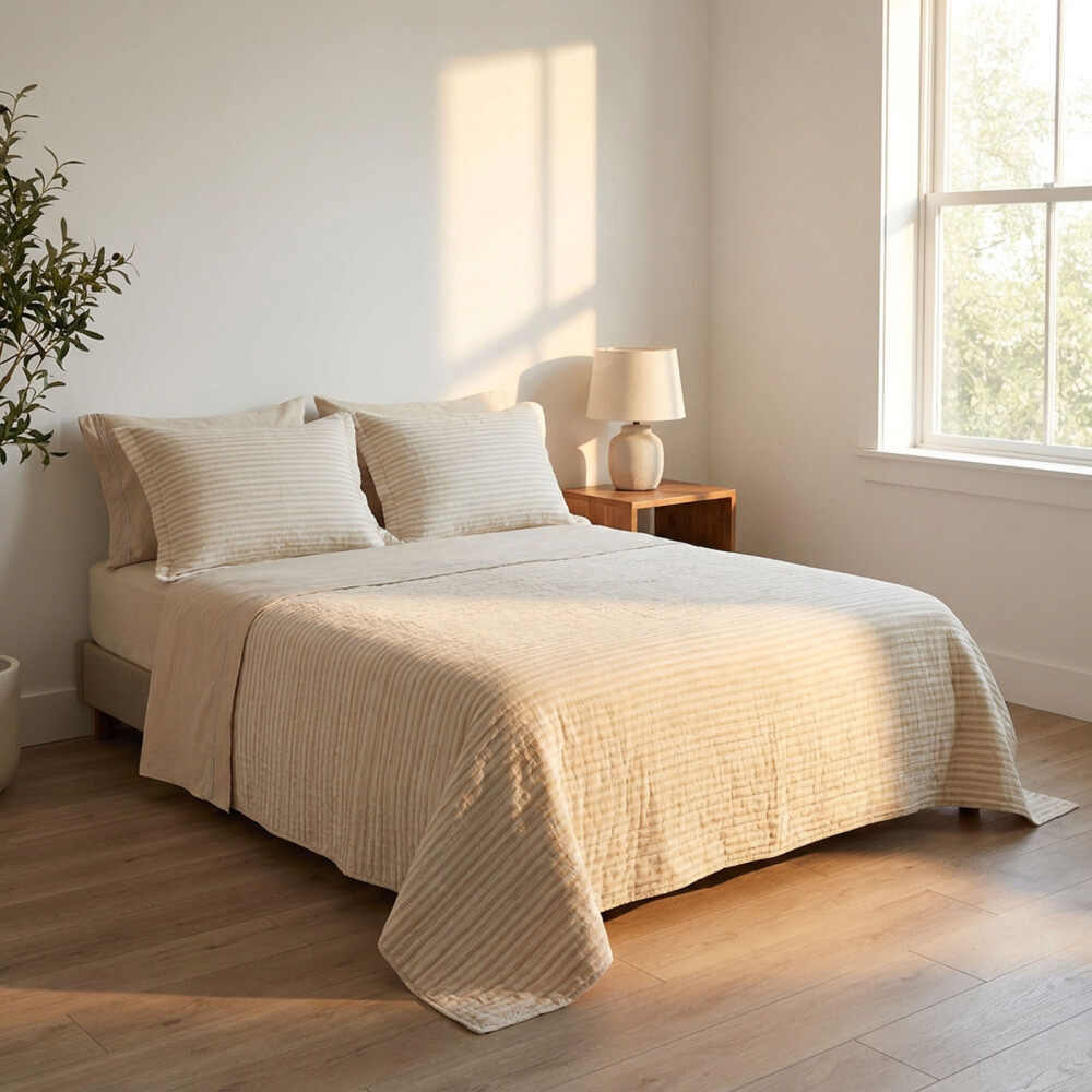 SET CUBRECAMA 2 PLAZAS ALGODON NATURAL-BEIGE COTTON STRIPE ARENA