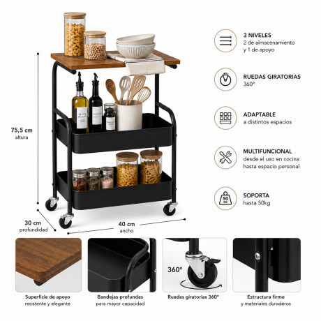 Carrito Organizador Multiuso C/Mesa 3Niv Con Ruedas 360 Negro