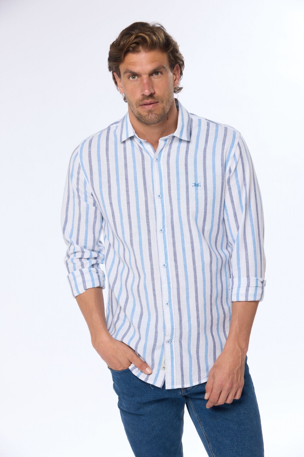 CAMISA DE LINO RAYADA Azul