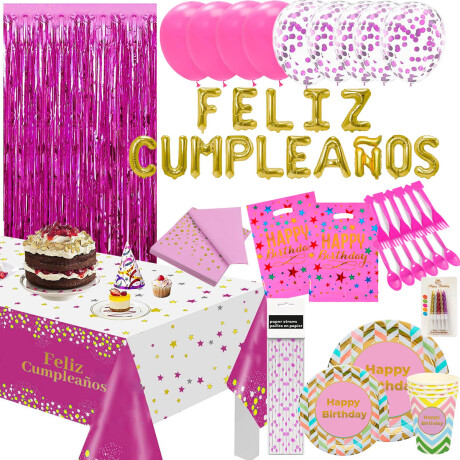 Set Cotillón N43 Globos Cumpleaño 175pcs Vasos Platos Rosado