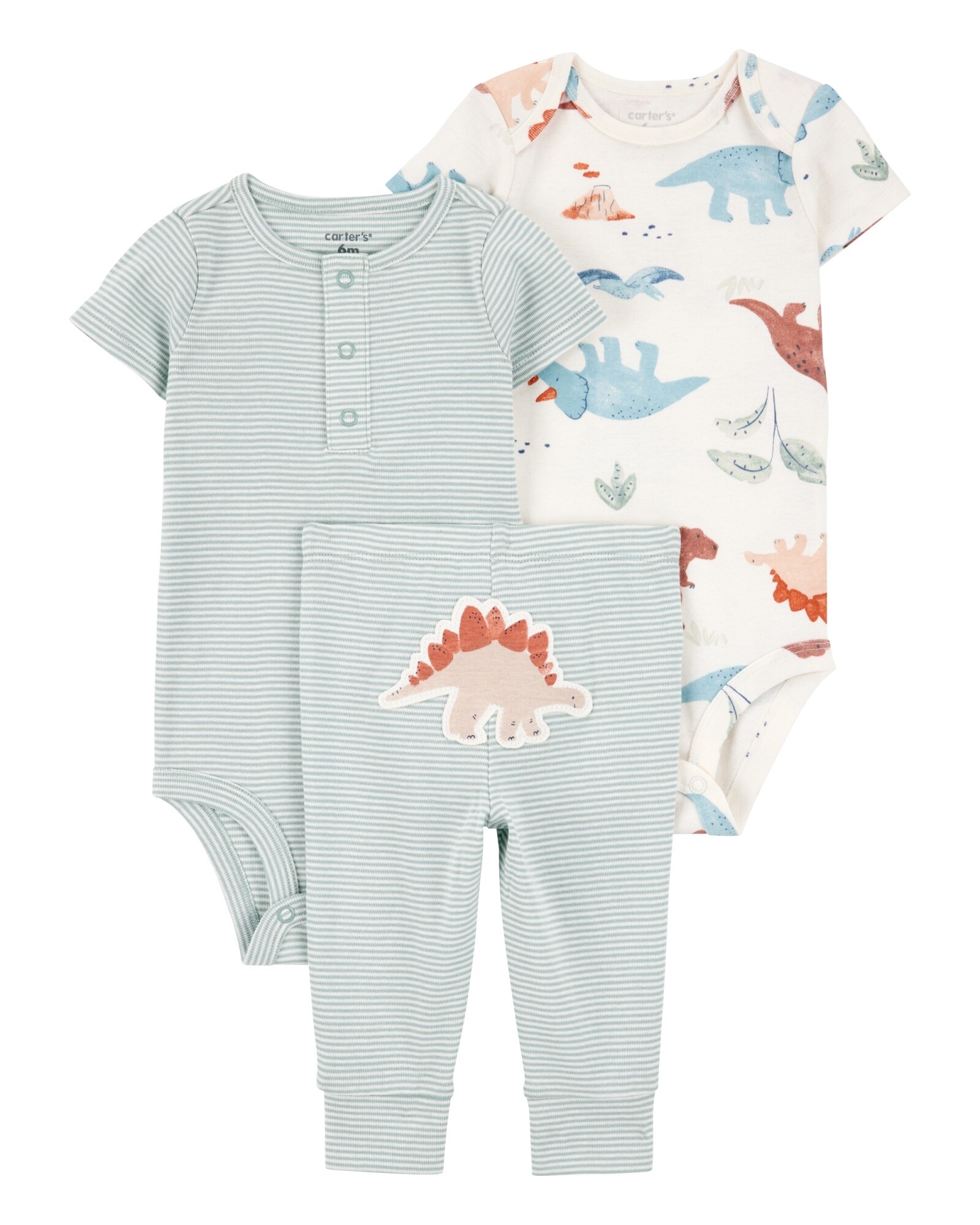 Set tres piezas de algodón, pantalón y dos bodies, diseño dinos Sin color