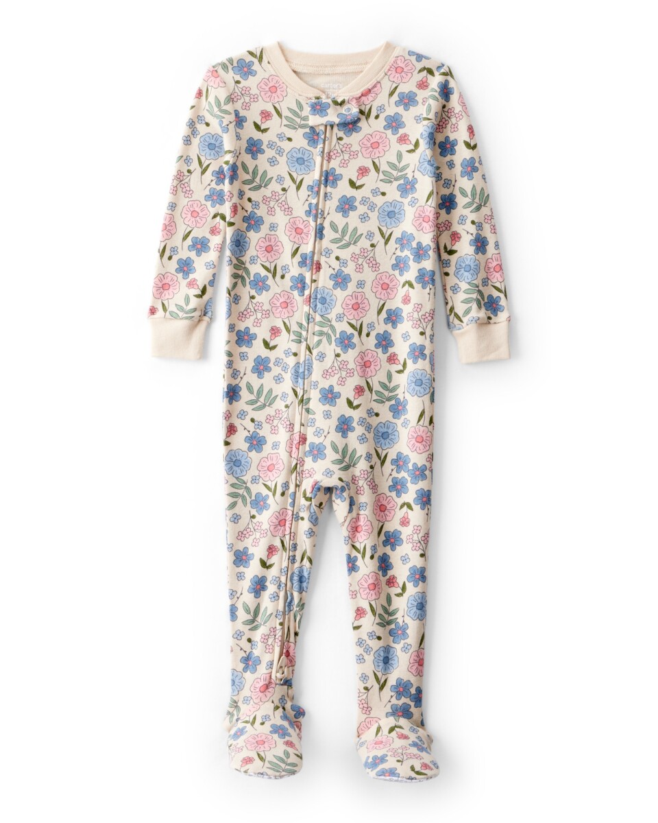 Pijama una pieza de algodón, con pie, beige, diseño floral 