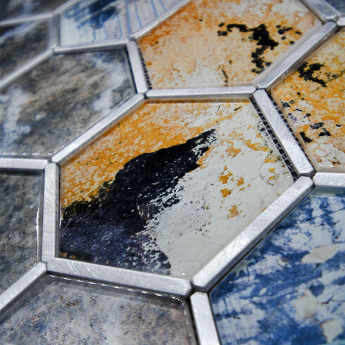 MOSAICO VIDRIO HEXAGONAL MARMOLADO COLOR VERDE BORDE GAMAS DE VERDE