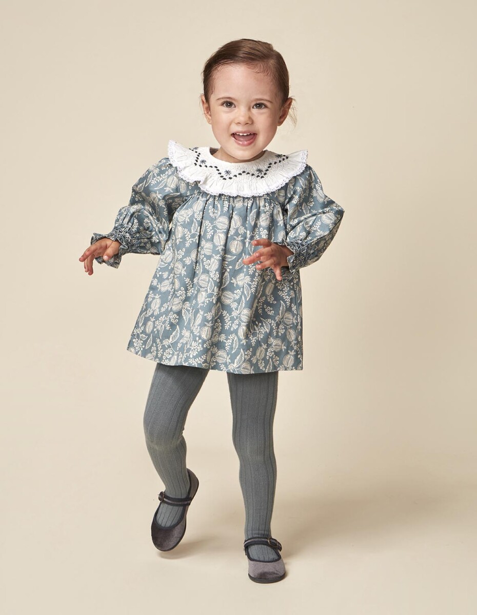 Vestido Cuello Nido De Abeja - Azulado 