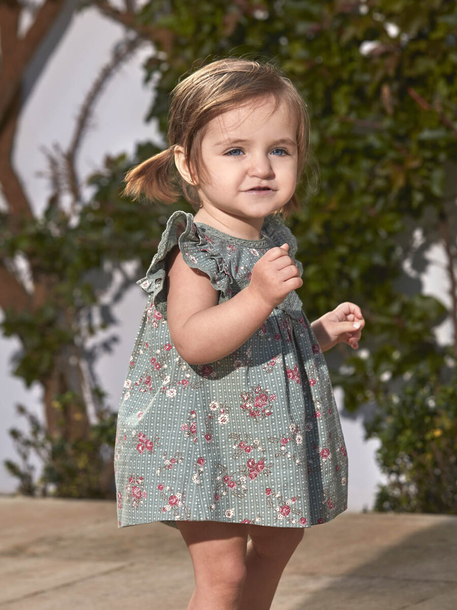 Vestido Estampado De Flores Con Tiras Bordadas Verde