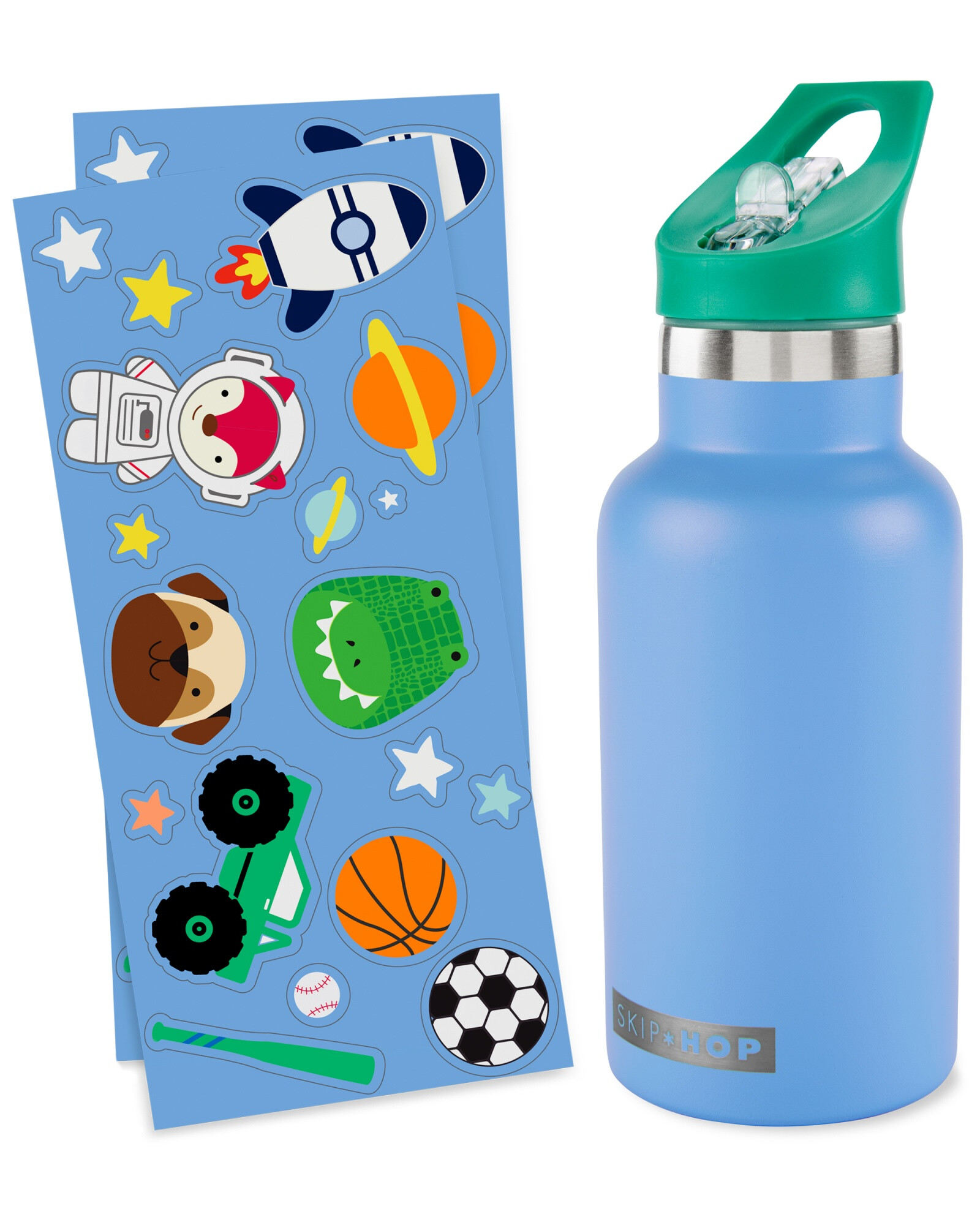 Botella de acero inoxidable con sorbito y stickers, azul Botella de acero inoxidable con sorbito y stickers, azul